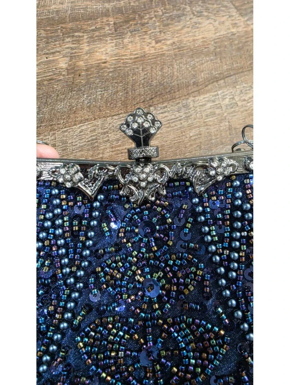 Elegant Blue Beaded Evening Clutch Purse with Silver Handle